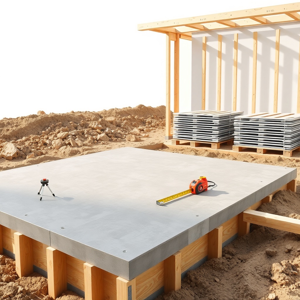A clean photorealistic photo of a construction site with a leveled concrete foundation