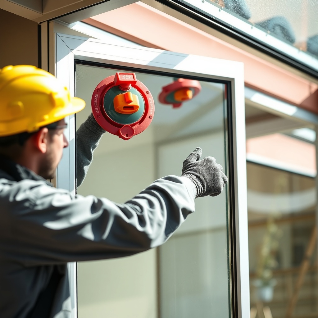 A clean photorealistic photo showing a glazier using vacuum suction cups to install a larg