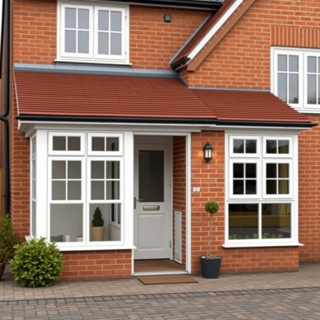 A photorealistic wide view of a Wintergarten Classic 1500 attached to a brick house