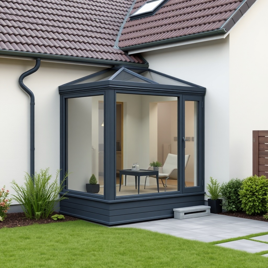 A clean photorealistic exterior photo of a modern Wintergarten Classic 1500 attached to a