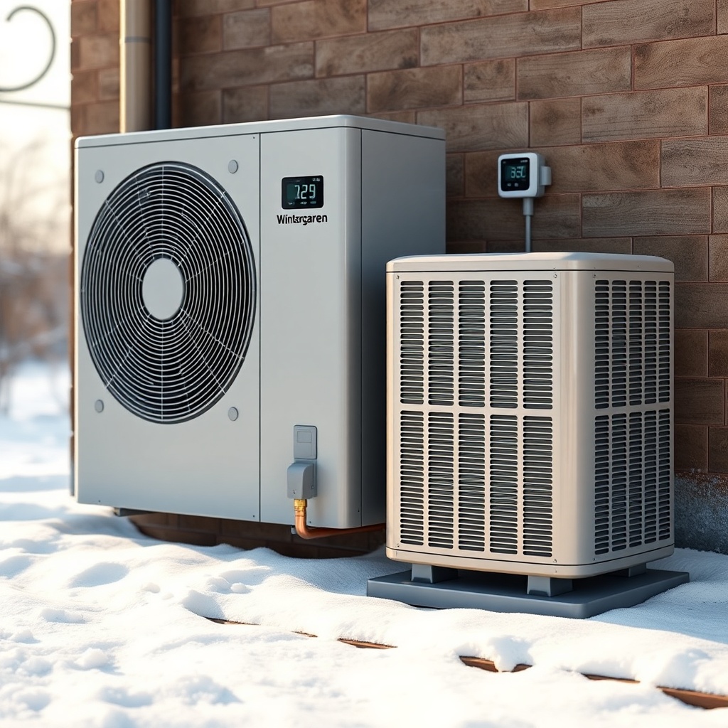 A photorealistic close-up of a heat pump outdoor unit next to a Wintergarten Classic 1500
