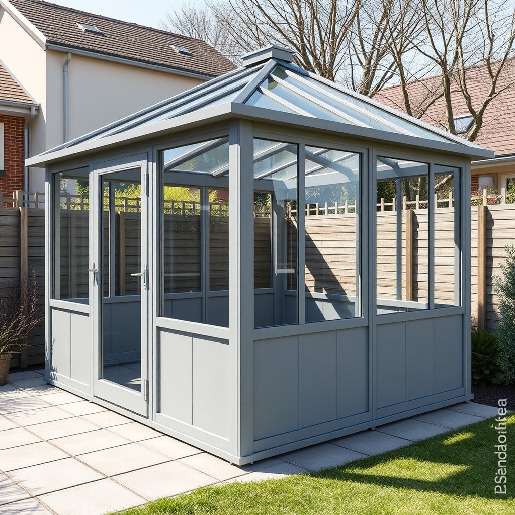 A clean photorealistic photo of a finished Wintergarten Classic 1500 model in a suburban g