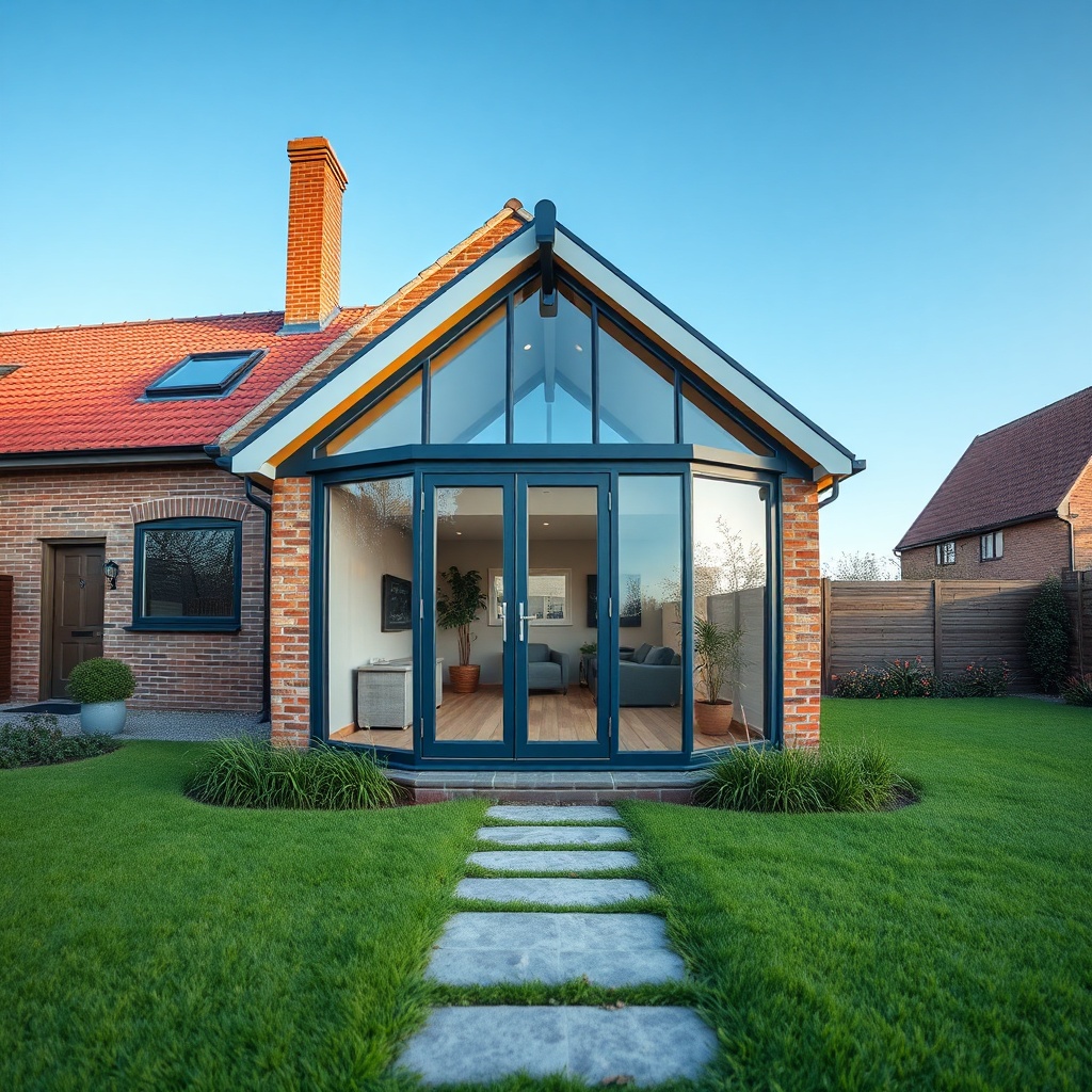A photorealistic wide-angle shot of a Wintergarten Classic 1500 attached to a modern brick