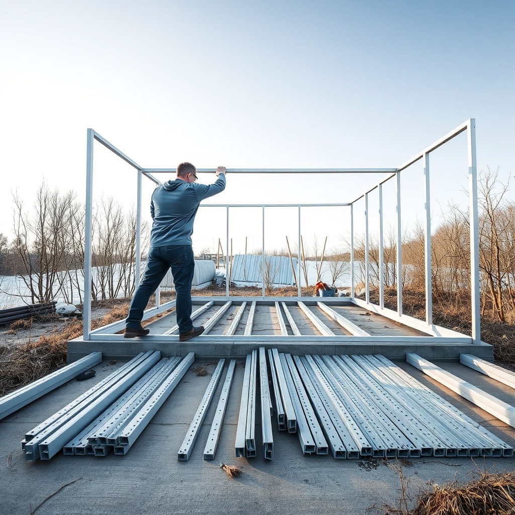 Wide-angle view of a two-person team assembling an aluminium winter garden frame on a conc