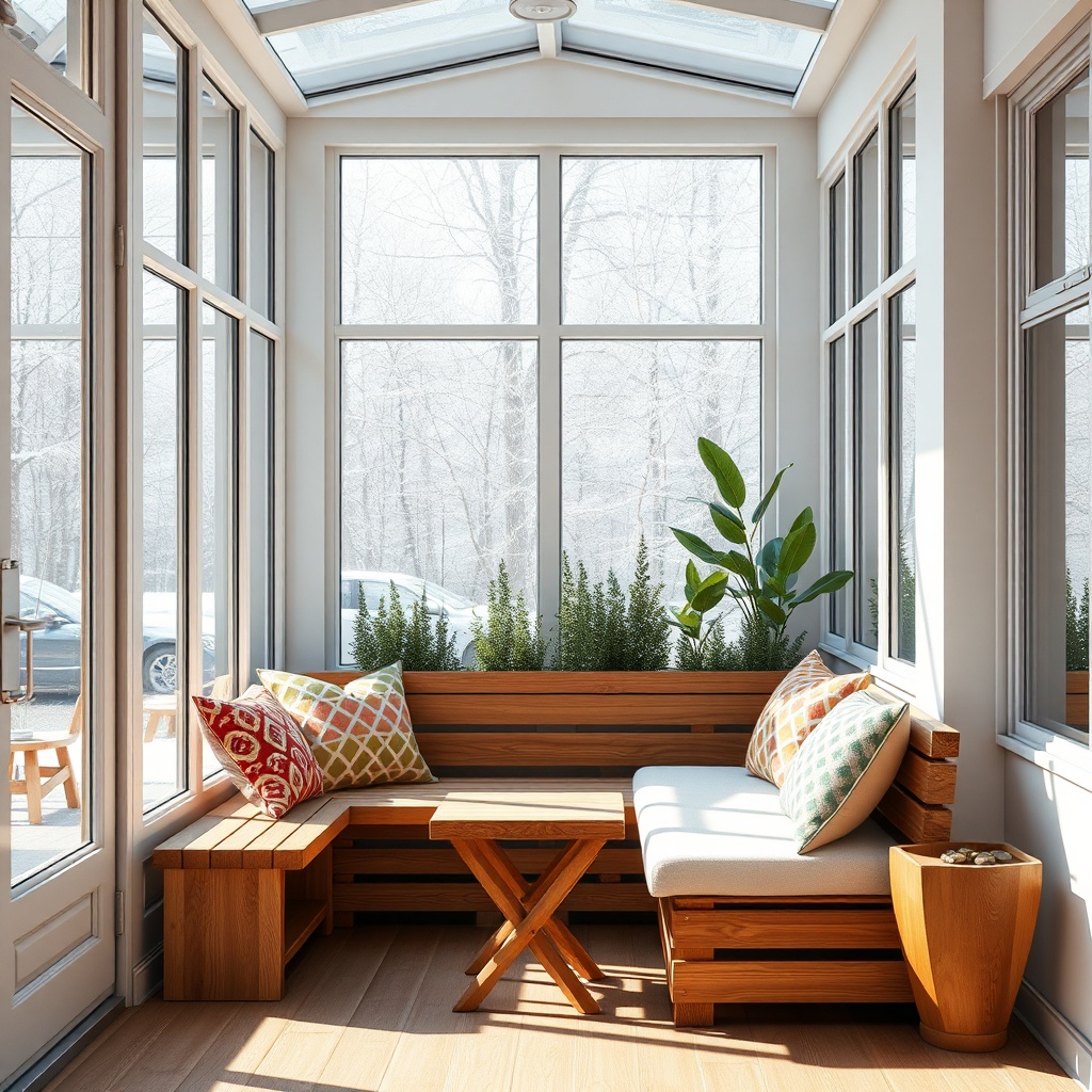 A clean photorealistic photo of a small wintergarten with a cozy seating area