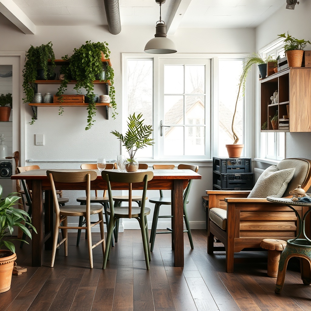 A photorealistic photo of a wintergarten interior with secondhand furniture: a worn wooden