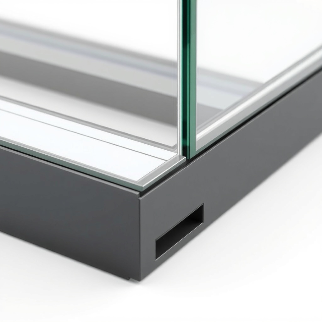 A photorealistic close-up of the aluminum frame corner of the Eco 800