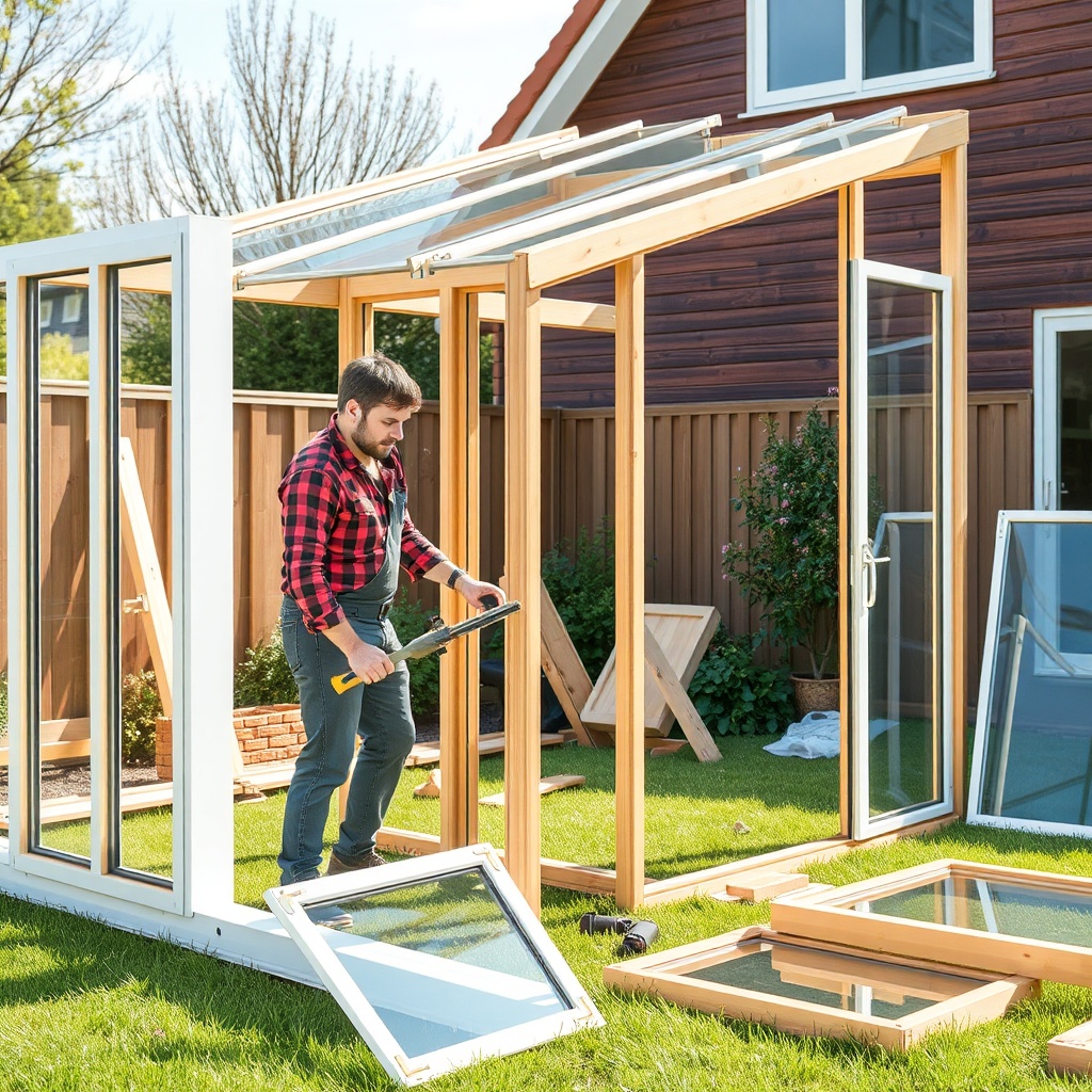 A step-by-step illustration showing a home improvement enthusiast assembling a winter gard