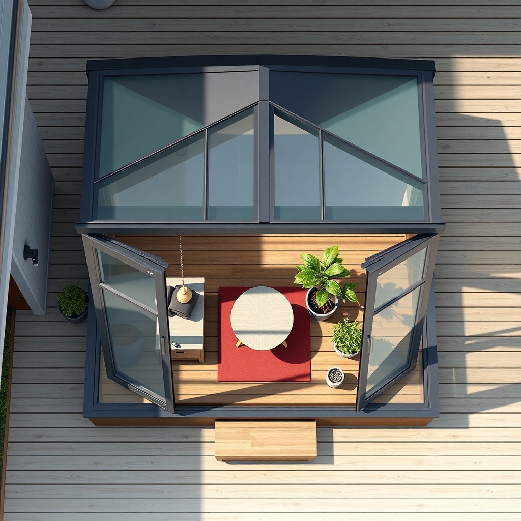 A photorealistic top-down architectural sketch of a small winter garden extension