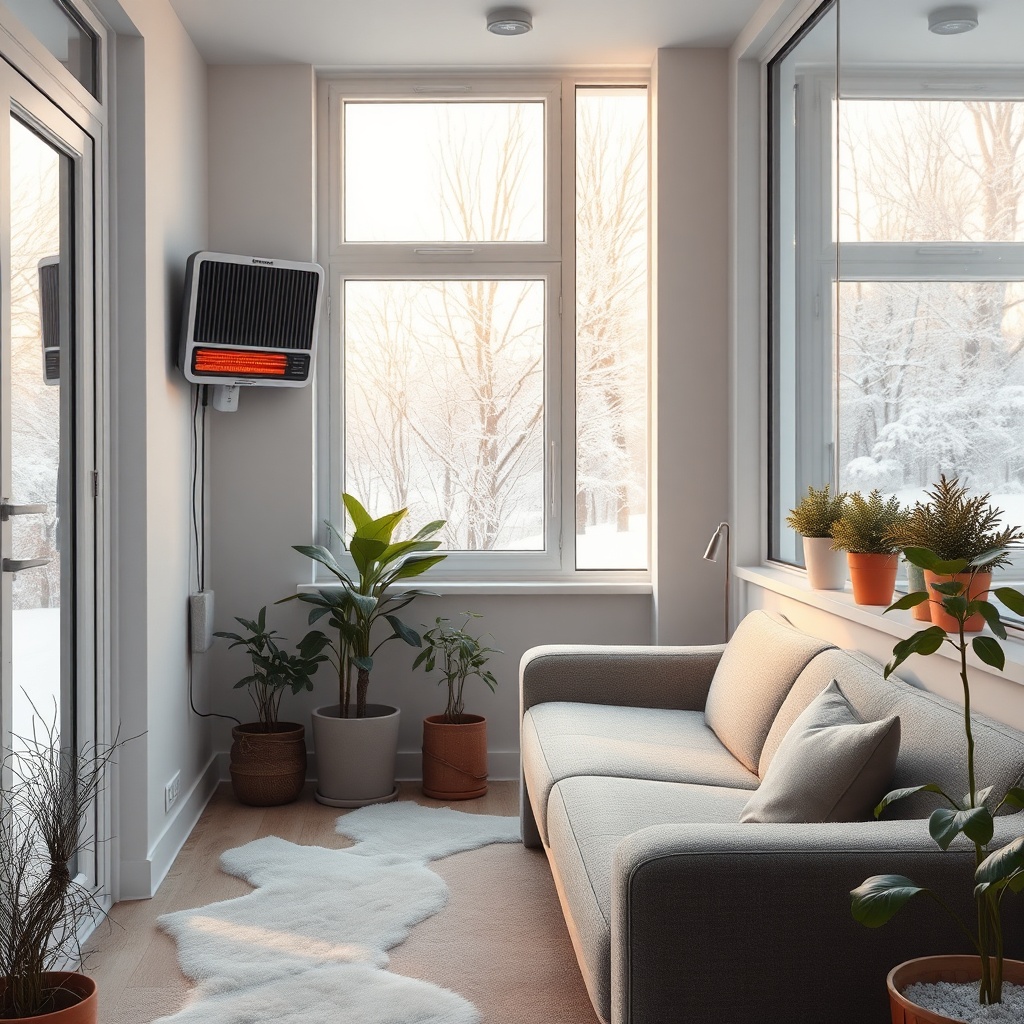 A clean photorealistic photo of a small winter garden with a single infrared heater mounte