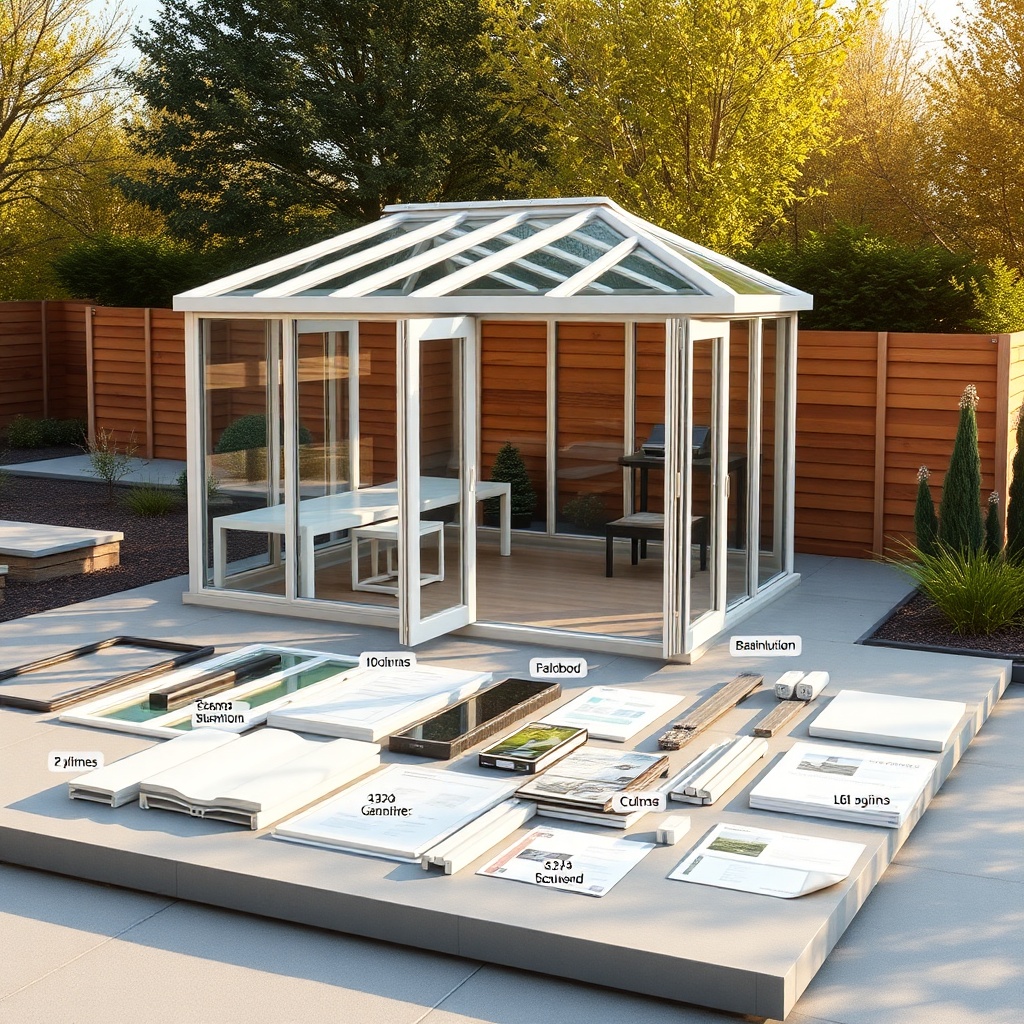 A clean photorealistic photo of a Wintergarten Eco 800 self-build kit laid out on a concre