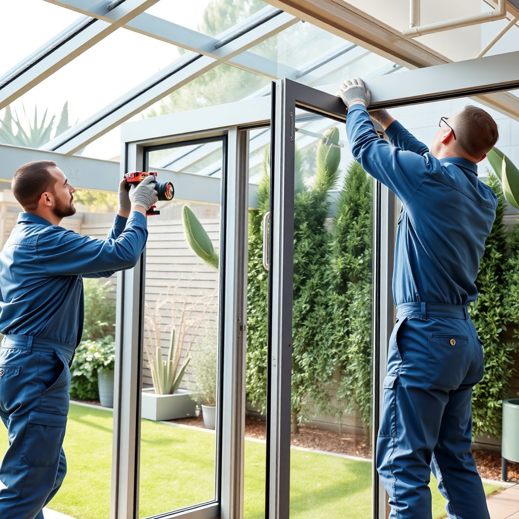 A clean photorealistic photo of a Wintergarten Eco 800 being installed by two professional