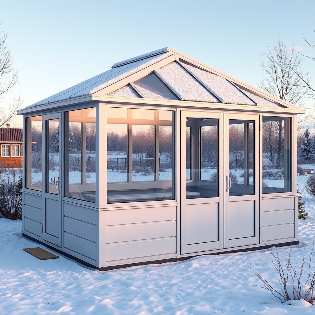 A photorealistic exterior shot of a modern Wintergarten Eco 800 with a light dusting of sn