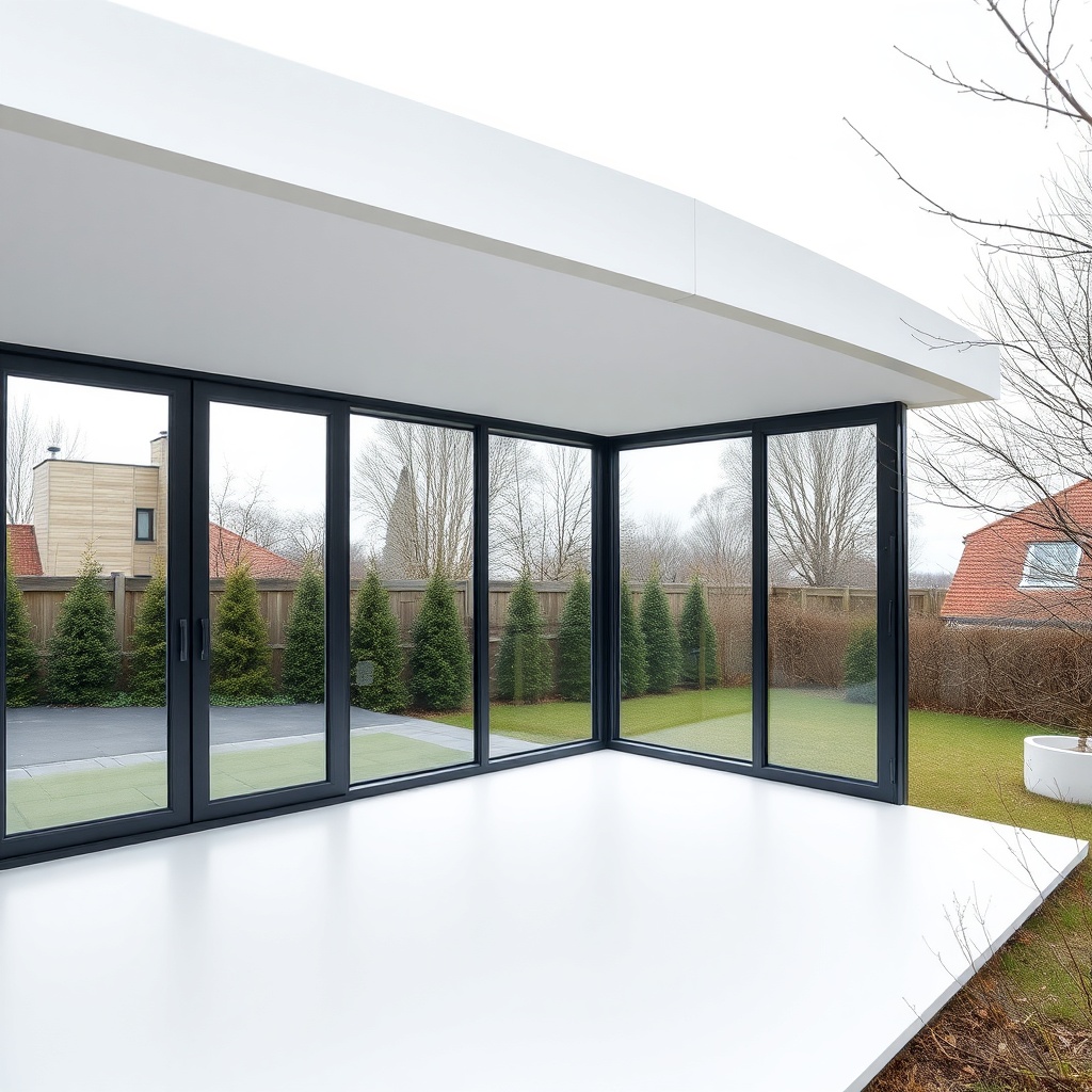 Minimalist winter garden flat roof with clean white soffit