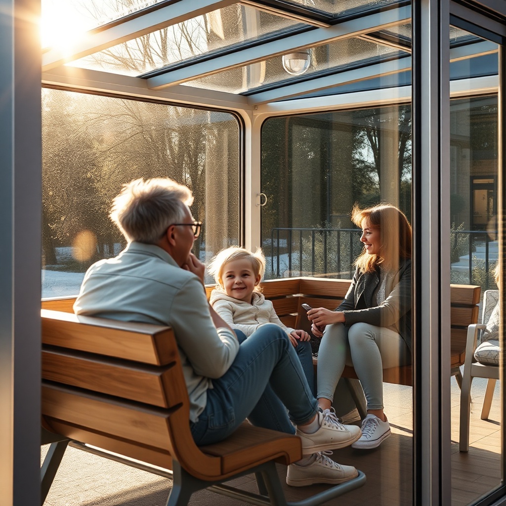 A photorealistic editorial photo of a family sitting in a Wintergarten Pro Line 3000