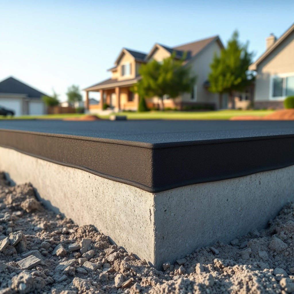 A close-up photorealistic photo of a freshly poured concrete strip foundation with rebar a