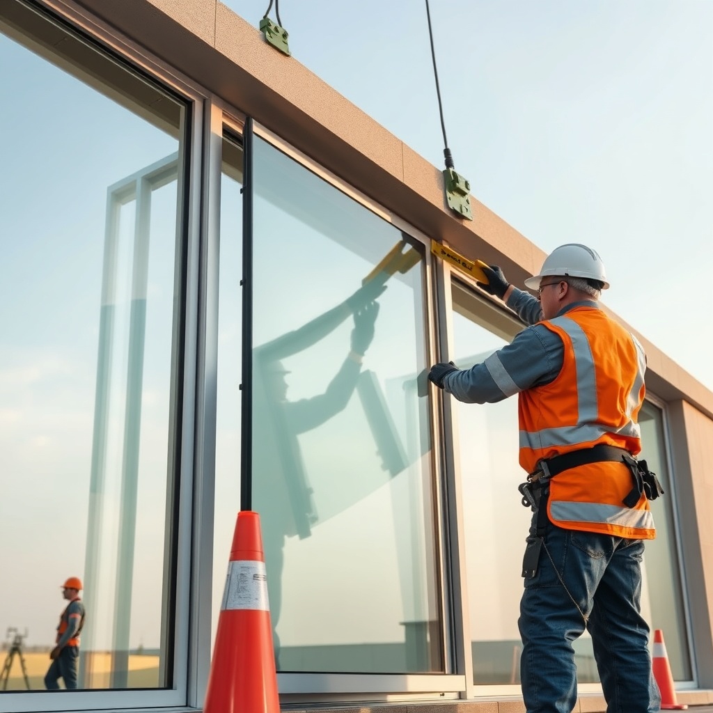 A photorealistic photo showing two installers in protective gear using a vacuum lifter to