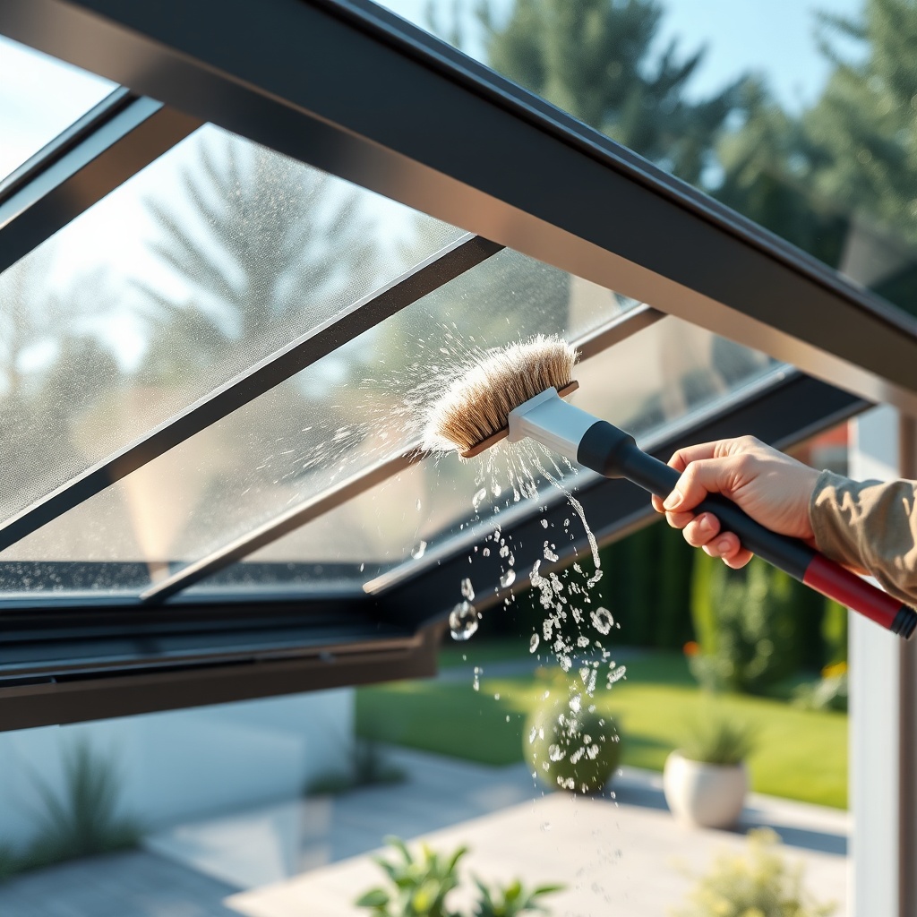 A photorealistic wide shot of the Wintergarten Pro Line 3000 roof being cleaned from the o