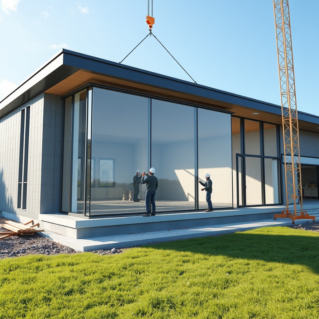 A photorealistic photo of the Pro Line 3000 construction phase showing a construction crew
