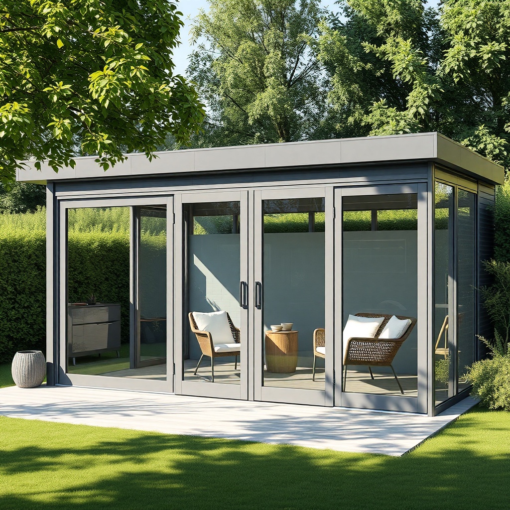 Ein moderner Wintergarten Eco 800 mit außenliegenden Raffstores (Aluminium) in hellgrauer