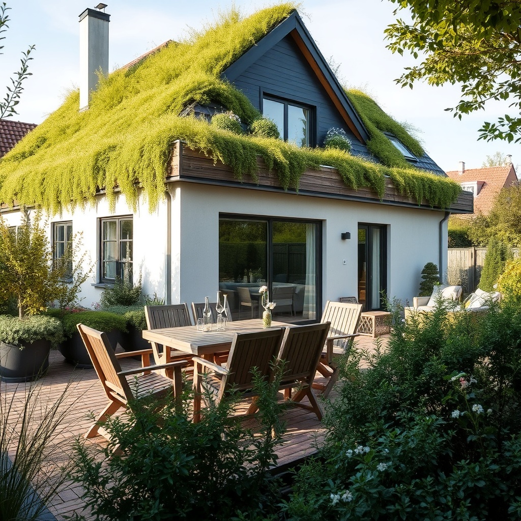 Gesamtaufnahme eines Wintergarten Eco 800 mit extensiver Dachbegrünung