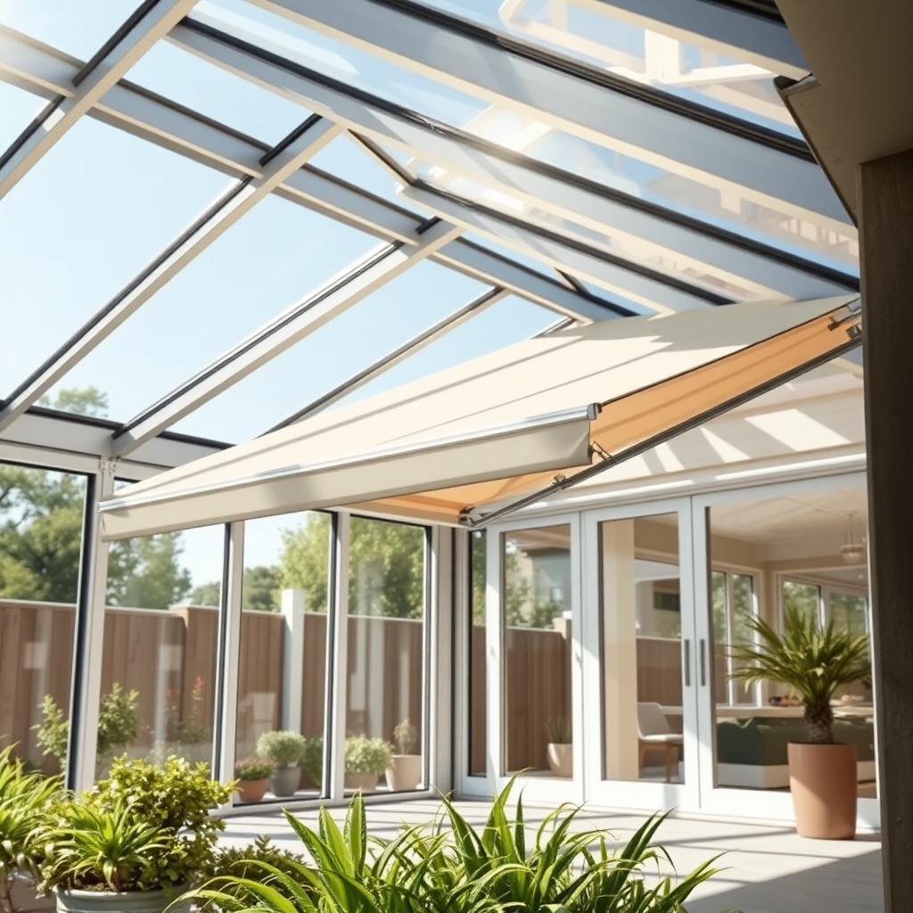 <clean photorealistic photo/illustration showing a modern aluminium wintergarden with clos