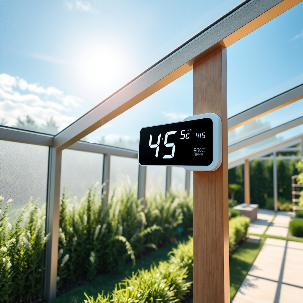 Photorealistic view of a sun-drenched Wintergarten Eco 800 with temperatures shown on a di