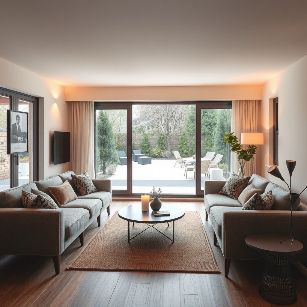 Gemütlicher Wohnbereich in einem Wintergarten Eco 800 mit modernen Möbeln