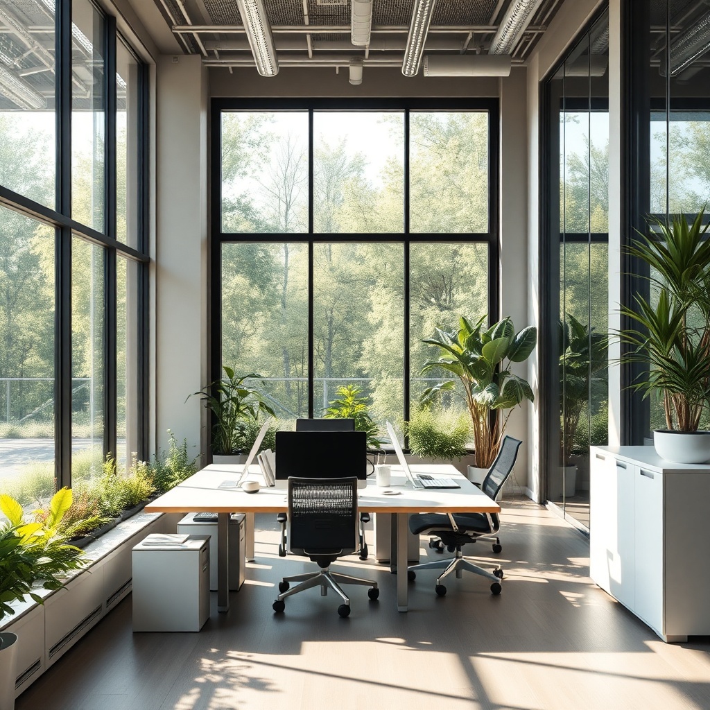 Ein offener Arbeitsbereich in einem Büro mit einem modernen Wintergarten an der Seite
