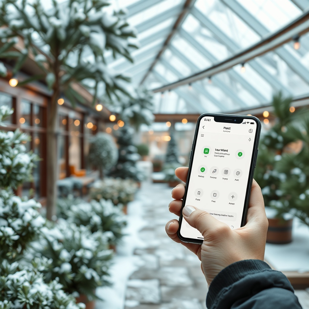 Nahaufnahme eines modernen Wintergartens mit Touch-Display und App auf einem Smartphone