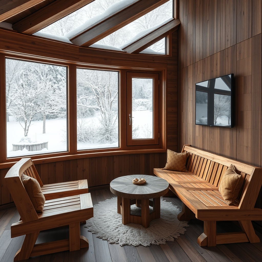 Warme Holz-Sitzgruppe im Wintergarten mit Blick auf Schnee draußen