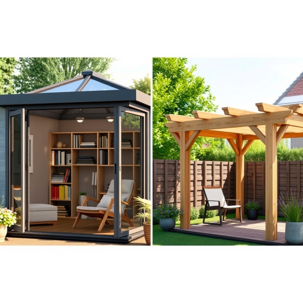 Photorealistic comparison image: left side a modern Wintergarten Eco 80 with armchair and
