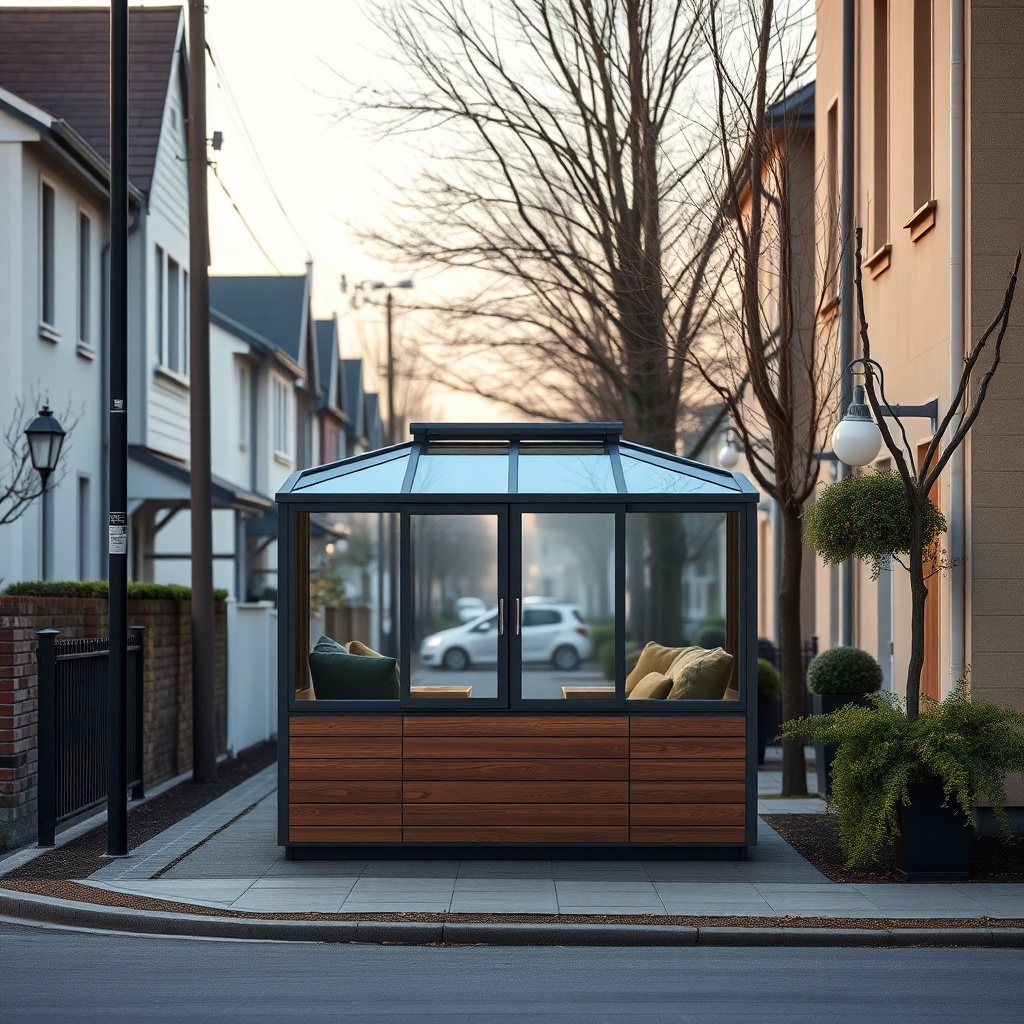 A photorealistic 16:9 image showing a quiet residential street with a Wintergarten Eco 800