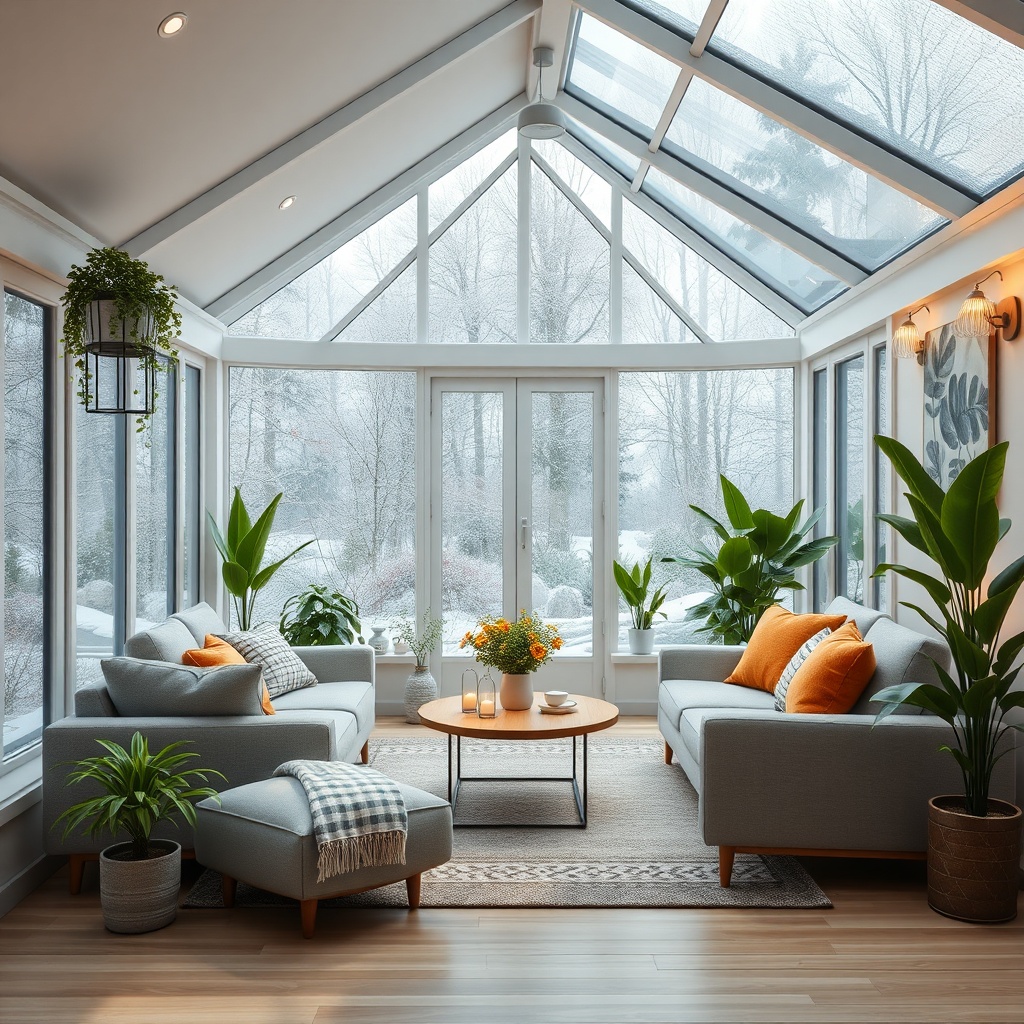 <clean photorealistic photo/illustration of a cozy winter garden living room with modern f