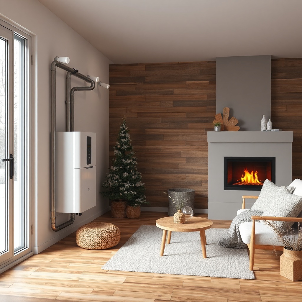 <clean photorealistic photo/illustration of a heating system installation or a comfortable