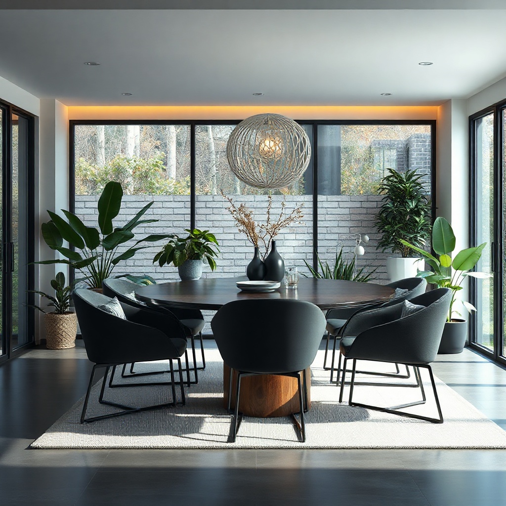<clean photorealistic photo of a winter garden Pro Line 3000 as dining room with modern fu