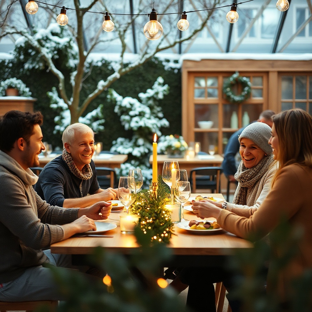 <clean photorealistic photo of happy family dining in winter garden Pro Line 3000 with war