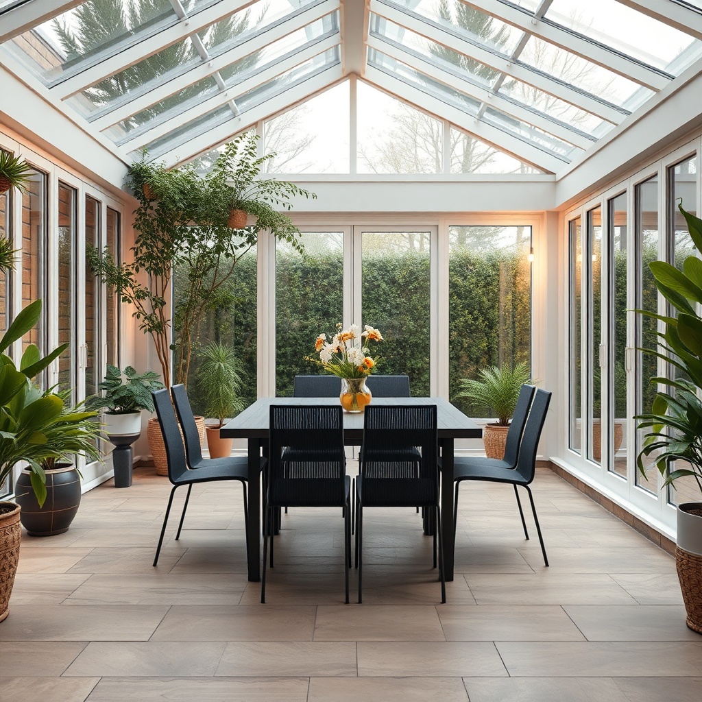 <clean photorealistic photo/illustration of a winter garden Pro Line 3000 with a dining ta