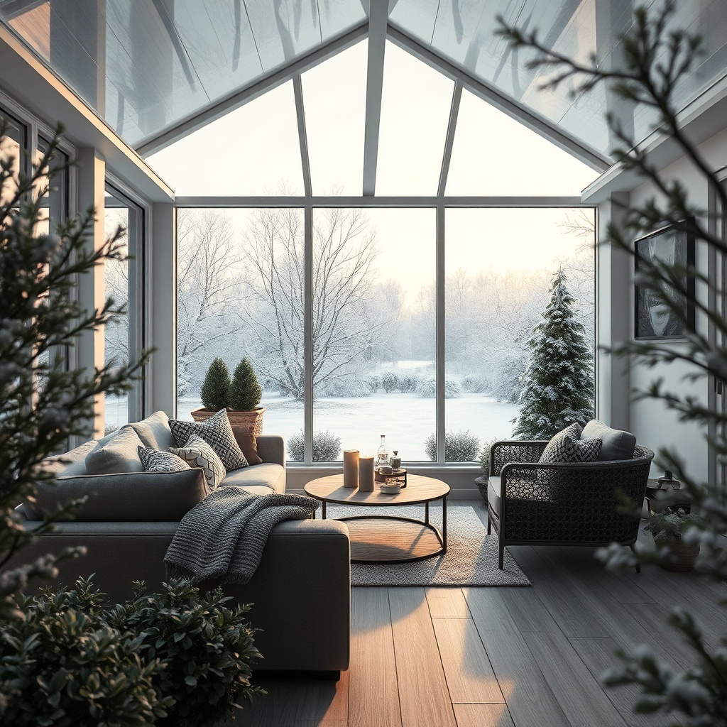photorealistic wintergarten pro line 3000 wohnzimmer mit sofa kamin pflanze glasfront sich