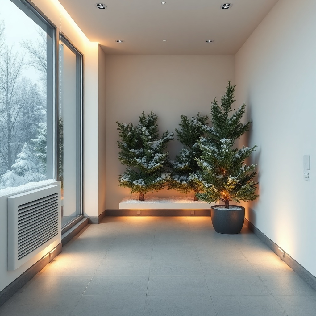 <clean photorealistic photo of a modern winter garden with elegant heating vents and subtl