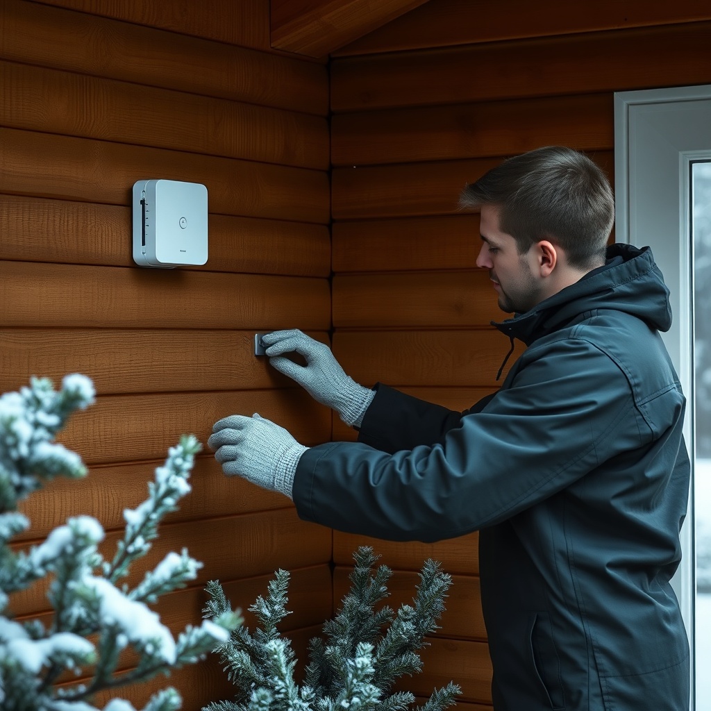 <clean photorealistic image of a technician installing a small white temperature sensor on