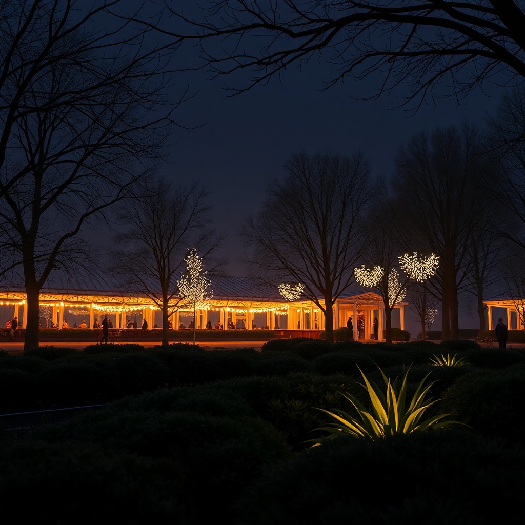 <A photorealistic illustration of the Wintergarten Classic 1500 at night with dimmed warm