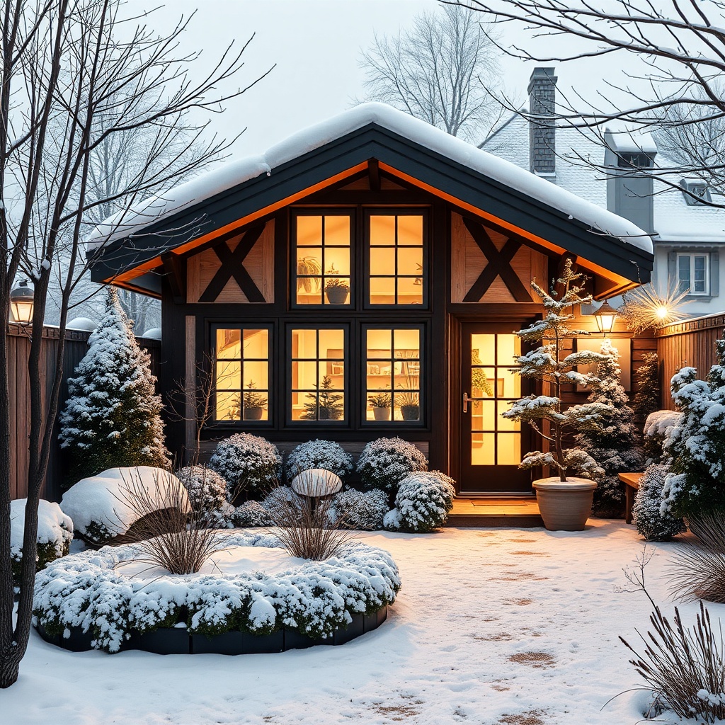 Ein moderner Wintergarten Classic 1500 im Winter mit Schnee auf dem Dach