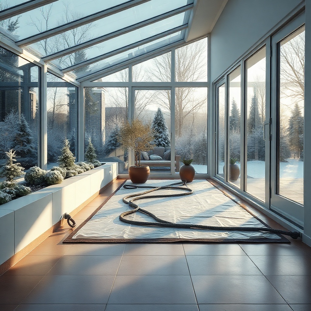 <clean photorealistic photo/illustration of a modern winter garden with underfloor heating