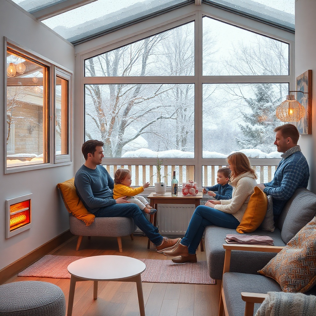 <clean photorealistic photo/illustration of a family sitting comfortably in a winter garde