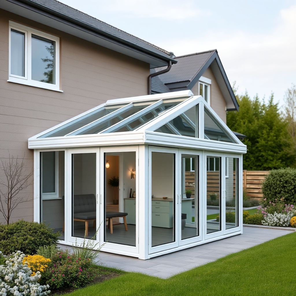 A clean photorealistic photo of a Wintergarten Classic 1500 attached to a single-family ho