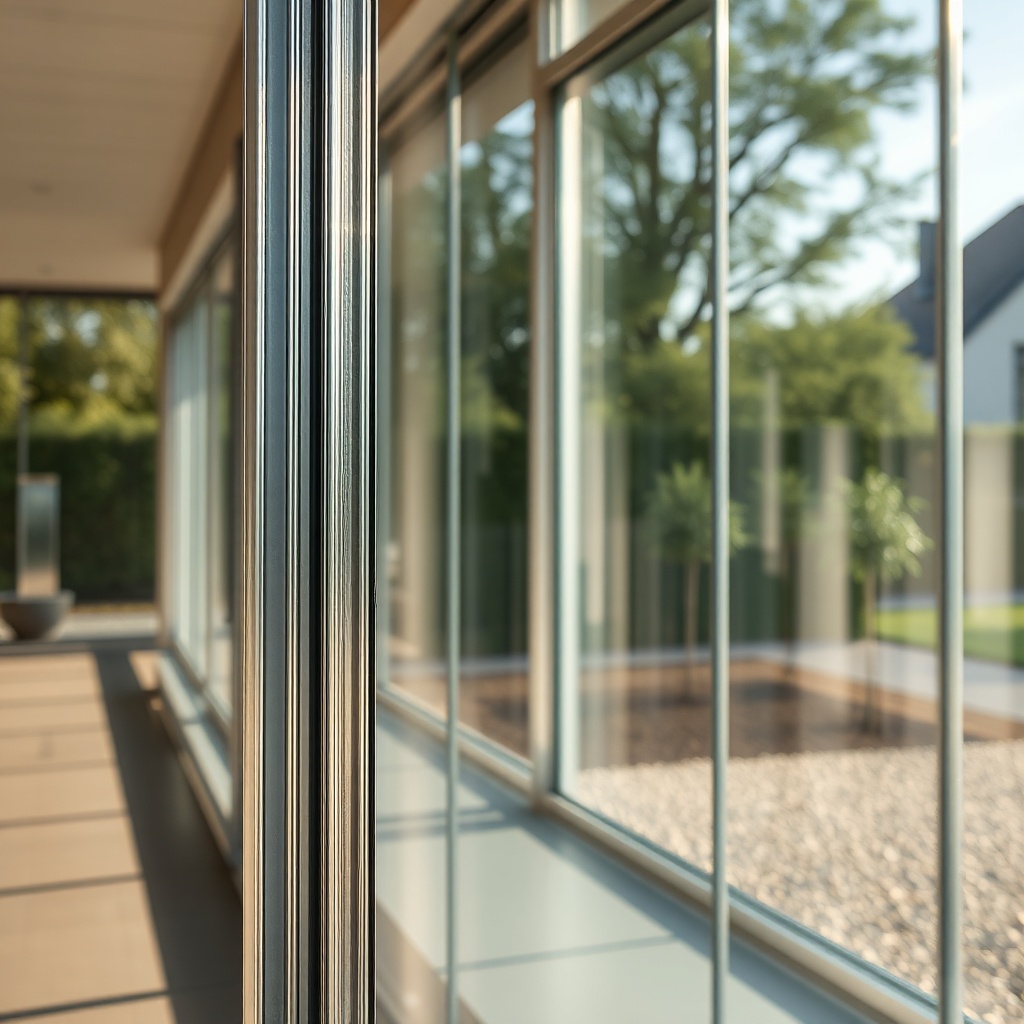 Nahaufnahme einer Aluminium-Glas-Konstruktion mit klaren Linien