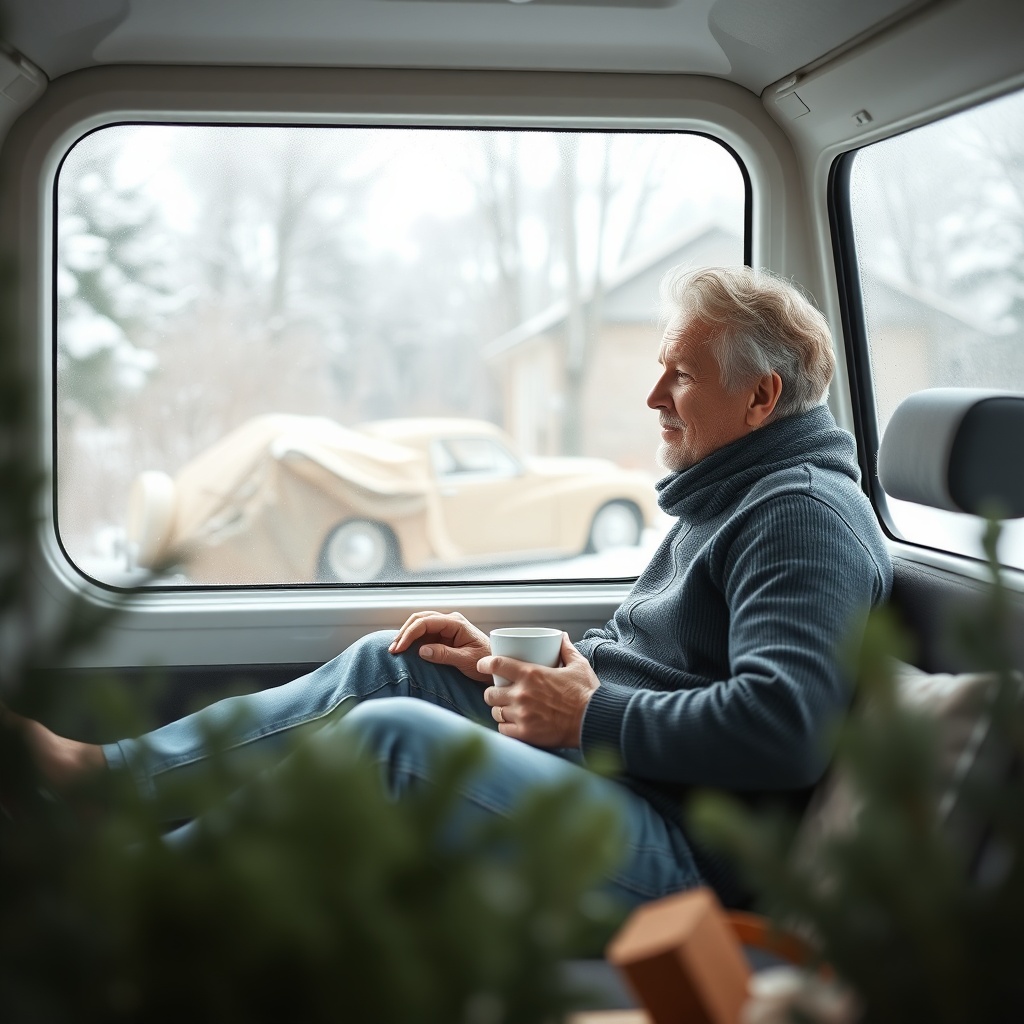 <clean photorealistic photo of a satisfied homeowner sitting in a wintergarten classic 150