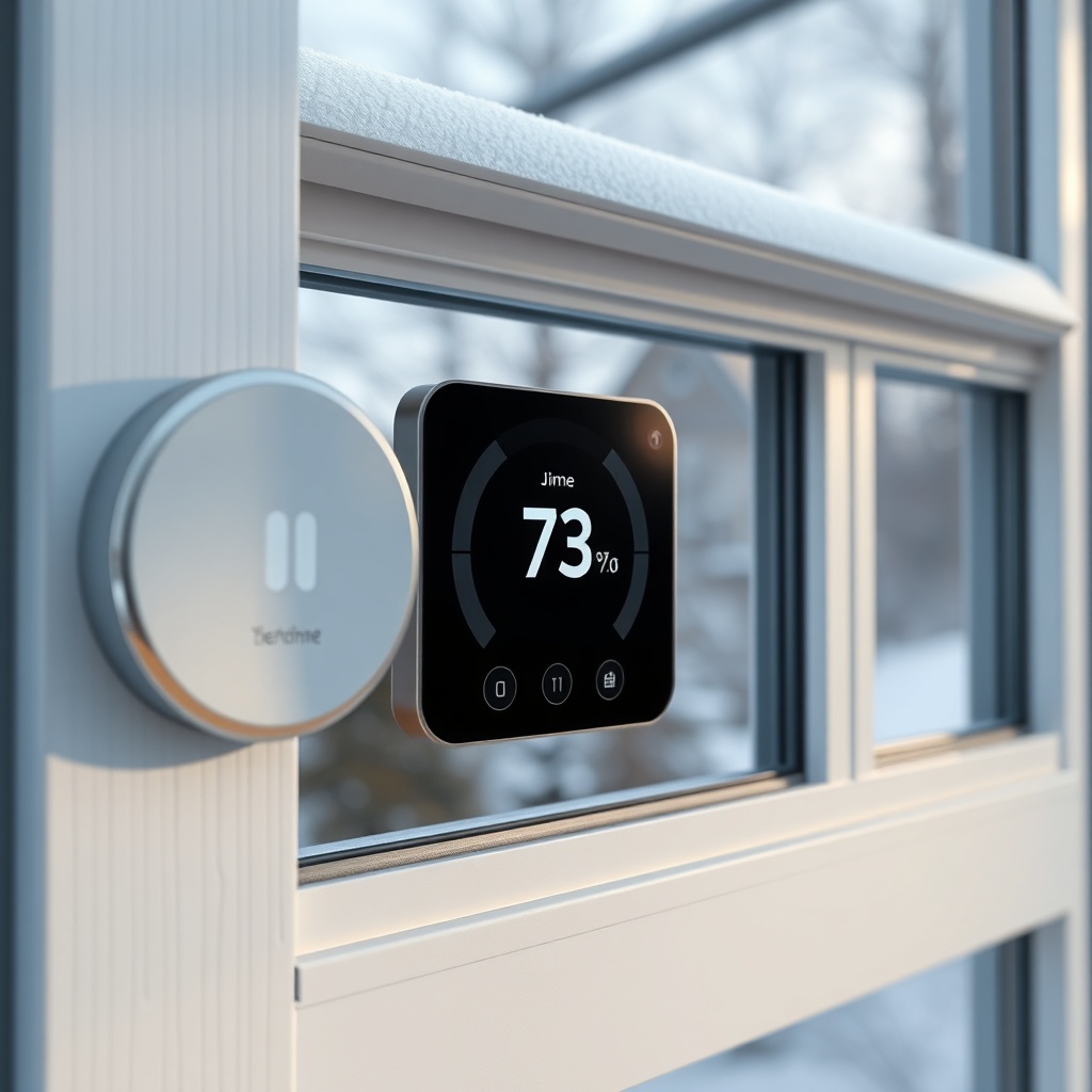 Nahaufnahme eines smarten Thermostaten und eines motorisierten Fensters im Wintergarten Cl