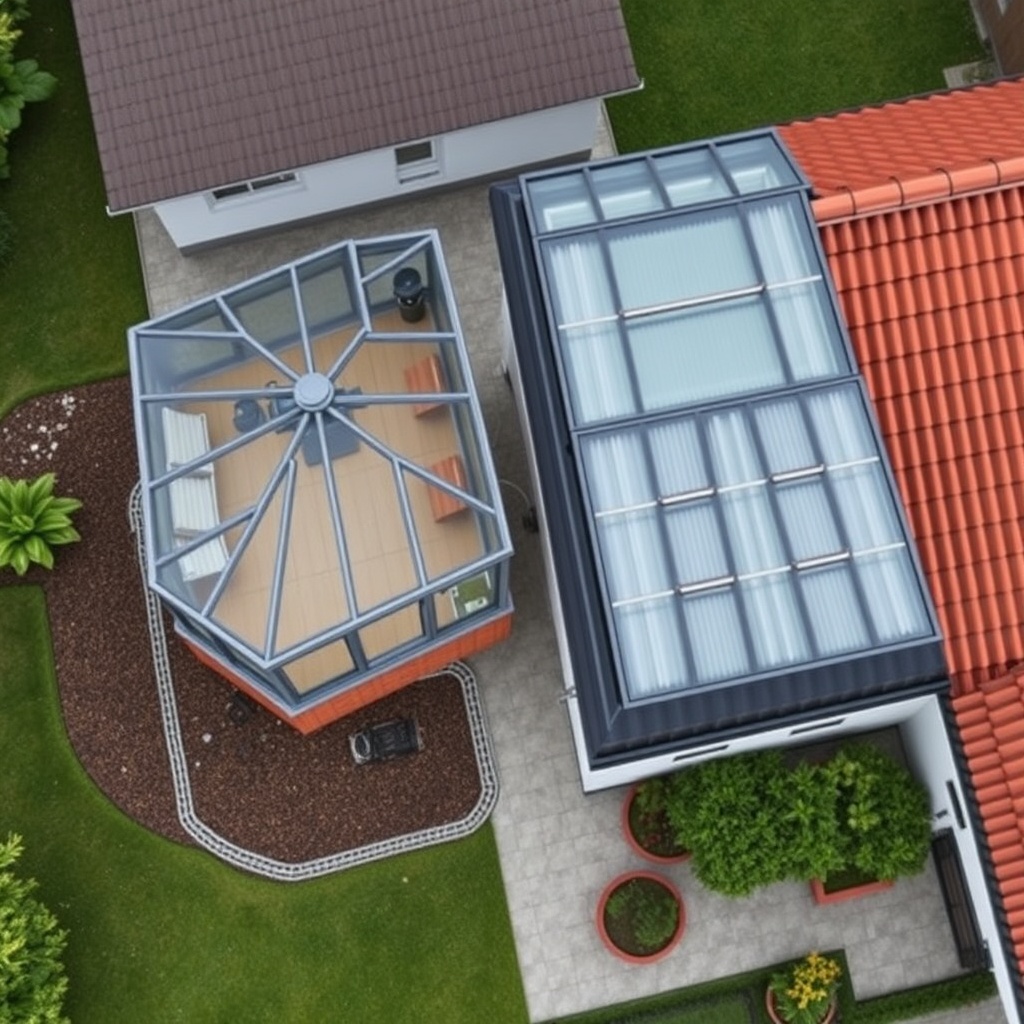 <Photorealistic 16:9 aerial view of a Classic 1500 winter garden with visible foundation a